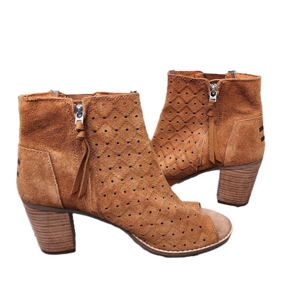 TOMS Majorca Suede Fringe Perforated Peep Toe Ankle Booties 9.5 - Picture 5 of 11